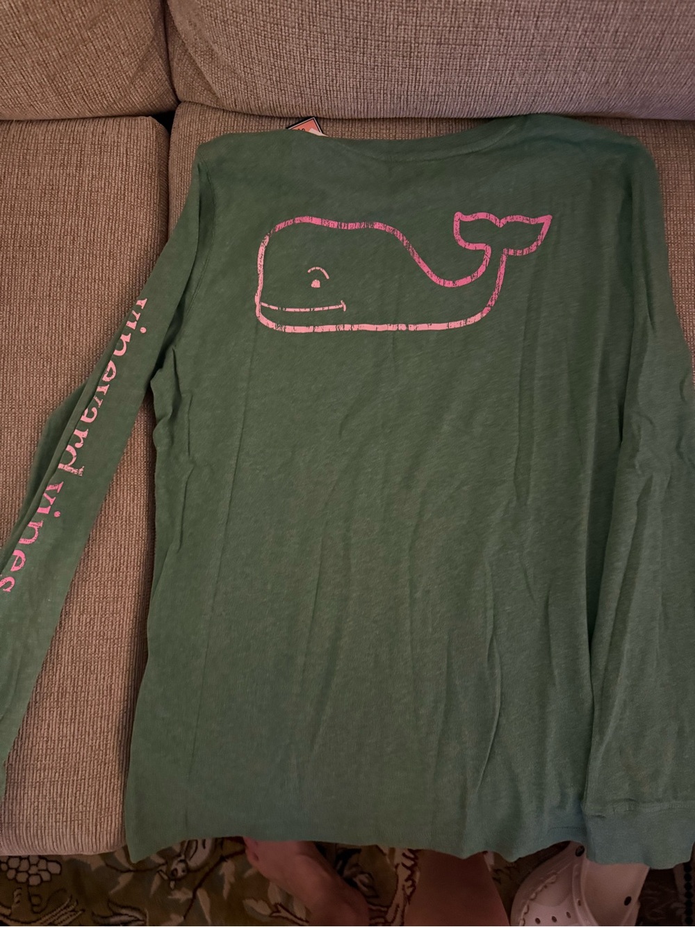 Vineyard Vines Green Long-Sleeve Tee with Pink Whale